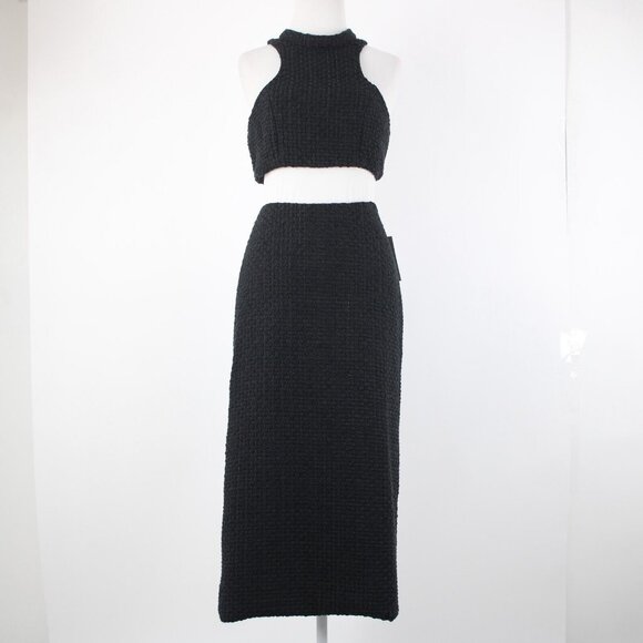 Alamour Sz L Black Textured Sleeveless Crop Lined 100% Polyester 2Pc Dress - Picture 2 of 16
